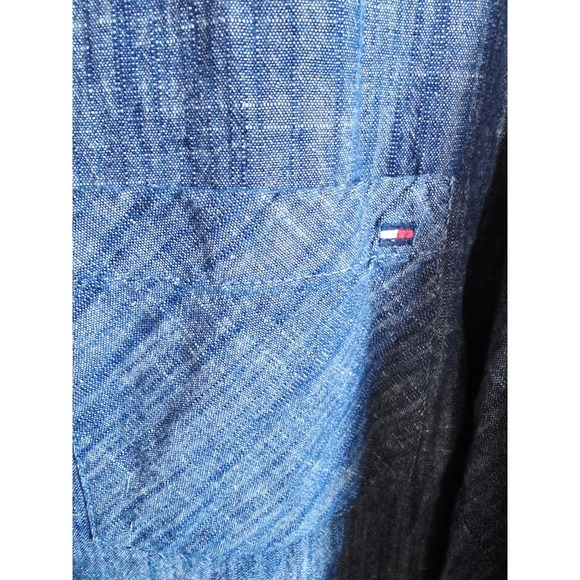 Tommy Hilfiger 1X Denim Look Blue Roll Tab Sleeve Button Down Shirt Womens - Picture 11 of 12